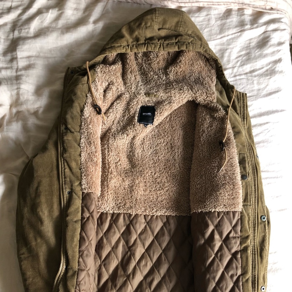 Rip Curl Men's Olive Green Hooded Corduroy Jacket with Sherpa Lining